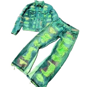 Custom Vintage Heavyweight <b>Denim</b> Jeans Suit <b>Jacket</b> Set for Men Streetwear Custom Woven Thermal Print Washed Ripped Style - Product Image 1