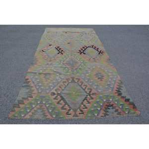 พรมตุรกีโบราณขนาด5.3x10.9ฟุตผ้าวูลถักปอกระเจาสีเขียวน้ำเงิน - Product Image 1