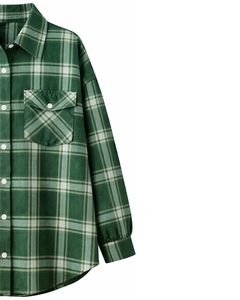 Chemise boutonnée surdimensionnée à carreaux pour femme, vert foncé, manches longues, décontractée, en flanelle, avec poches, tunique douce, automne-hiver, vente en gros - Product Image 3