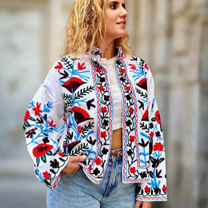 Chaqueta Suzani bordada floral de algodón transpirable teñida para mujer étnica Bohemia con estilo elegante - Product Image 1