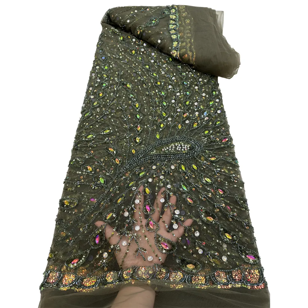 HFX 2023 럭셔리 아프리카 무거운 페르시 공작 유형 품질 나이지리아 스팽글 웨딩 이브닝 드레스 프랑스 얇은 명주 그물 레이스 원단