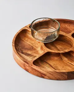 Bandeja de servicio de madera de acacia con cuenco de inmersión de vidrio, plato de aperitivo de madera para decoración del hogar, fiestas, producto de vajilla de entretenimiento - Product Image 6
