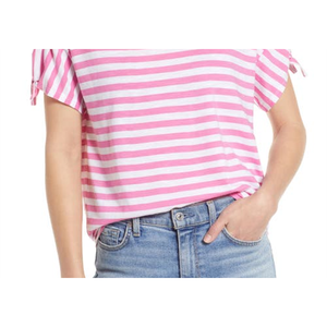 T-shirt da donna Caslon con maniche annodate, in jersey di cotone 100% traspirante, colore rosa ibisco con strisce bianche, vestibilità aderente, lunghezza corta, taglia M - Product Image 2