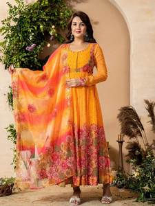 Salwar Kameez traditionnel léger et doux à motifs floraux, imprimé culturel occidental, couleur jaune, col rond, long Tebbi Orgenza - Product Image 5