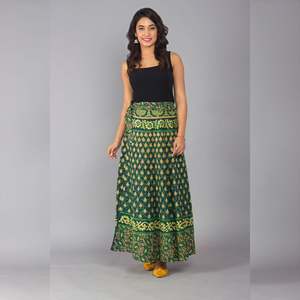 <b>Green</b> Ethnic Print <b>Maxi</b> <b>Skirt</b> Casual Trendy Ball Gown Design Tassel Decoration XS Cotton Knitted Woven Tassels for Work Spring - Product Image 1