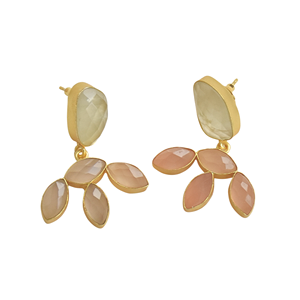 Pendientes Largos Vintage Chapados en Oro de 18K con Prehnita, Calcedonia Rosa, Forma de Marquesa, Incrustaciones Geométricas, Engaste de Bisel, Latón, Agua Dulce - Product Image 4