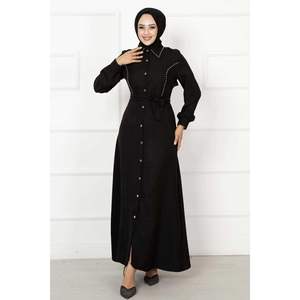 Vestido de cuello camisero con detalles de perlas negro - Product Image 2