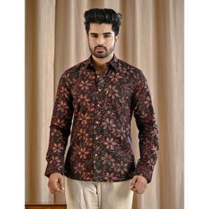 Camisa Casual Negra Estampada 100% Algodón, Cuello Mao, Diseño Floral, Tela Popelina, Moderna, Tejida, Mangas Largas - Product Image 3