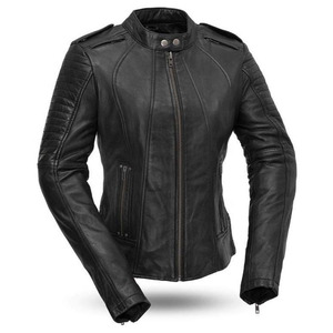 Chaqueta de motociclista de cuero personalizada para mujer, detalle de cremalleras largas, color negro, 2024 - Product Image 6
