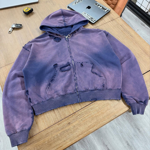 Sweat à capuche zippé 500 g/m² délavé à l'acide, effet soleil délavé, motif DIY, logo personnalisé, broderie 3D, streetwear, effet vieilli, sweat à capuche d'hiver délavé au soleil - Product Image 2