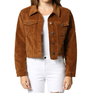 Women's Cropped Corduroy Trucker <b>Jacket</b> Hidden Satin Fabric Gold Brown Size M Autumn Season Bomber Style <b>Sequins</b> Custom - Product Image 4