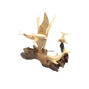 High Quality Handicraft Product Wooden Dolphin Triple with Seaweed On Unique Wood Base For Top Table Decorations