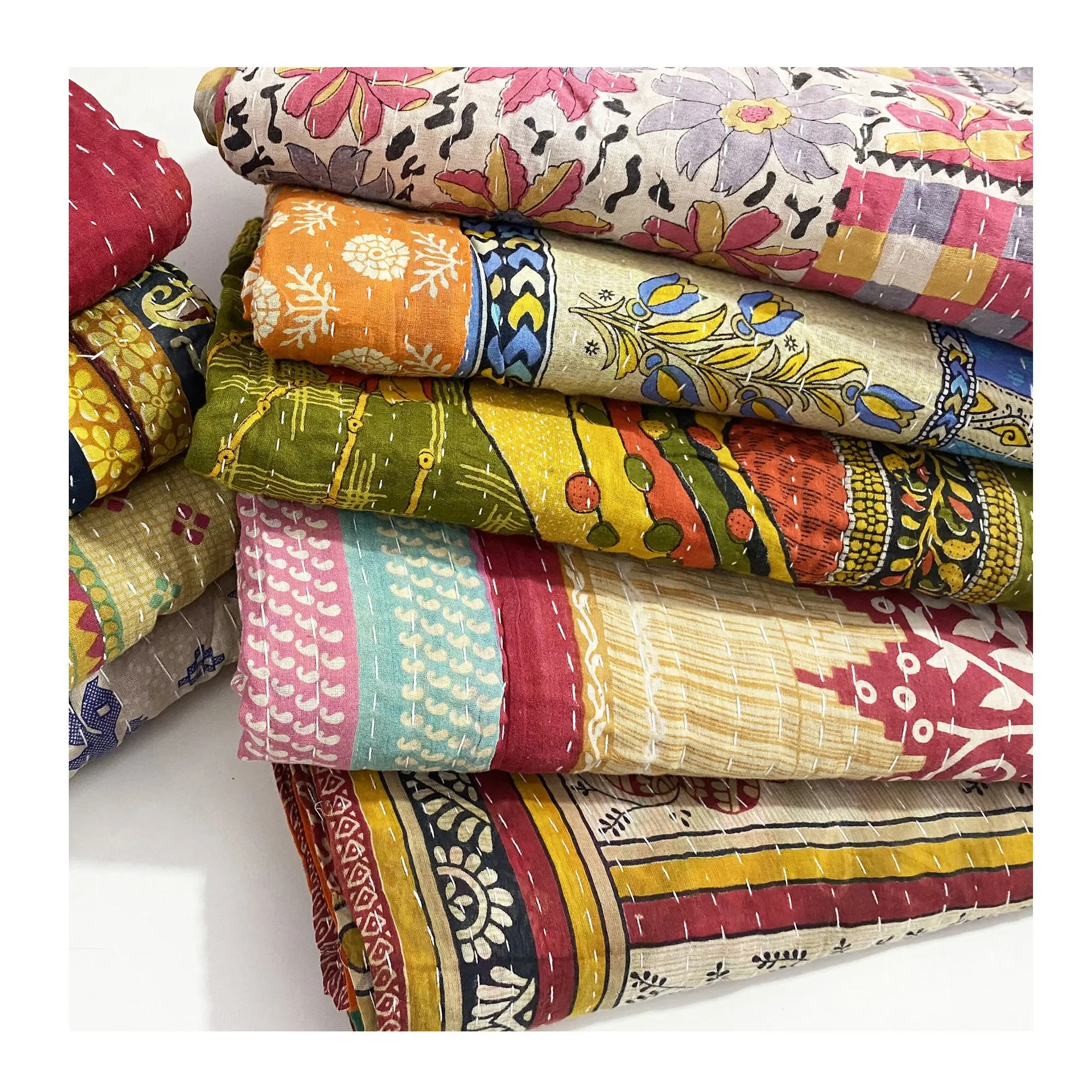 Couverture réversible kantha vintage en coton, vente en gros, plaid indien fait à la main