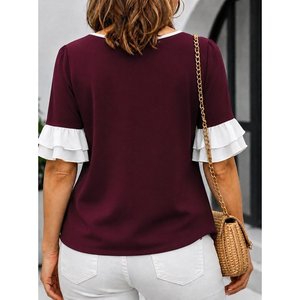 Blusa de Chifón Crepé con Mangas Cortas, Cuello Redondo, Detalle de Lazo y Volantes en las Mangas para Mujer, 34790 - Borgoña - Product Image 2