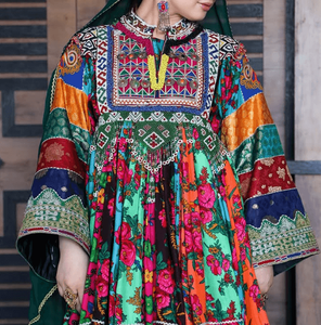 Vintage Tribal Ethnic Chiffon Lace Printed Embroidery Plain Dyed Allover Pattern <b>Maxi</b> Women's Party Salwar Kameez <b>Dress</b> - Product Image 2