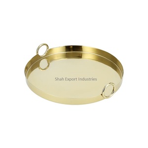 Bandeja DE SERVICIO DE METAL DE Latón chapado en oro de forma redonda con asa para mesa de restaurante y Hotel, bandeja de servicio de comida y bebida - Product Image 1