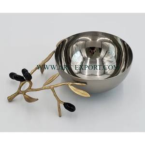 Olives Design Métal Acier Rond 2 Bols Avec Branches Conception Or Couleur Stand Designer Table Décoratif Nourriture Snacks Bols - Product Image 3
