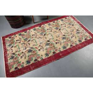 Vintage 3.5 X 6.5 ft Turkish Floral Rug Beige and <b>Red</b> Traditional Pattern <b>Wool</b> Material with Latex Backing - Product Image 2
