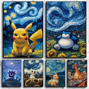 Van Gogh Inspired Pikachu and Snorlax <b>Poster</b> in <b>Black</b> <b>Frame</b> - Product Image 4