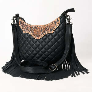 Sac à bandoulière léger en cuir matelassé noir vintage pour femme, avec franges, motif floral, style bohème, sac à main de cow-girl - Product Image 3