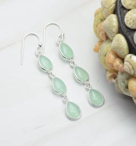 Classique filles boucles d'oreilles Aqua calcédoine solide 925 argent Sterling pierre précieuse naturelle à la main bijoux en argent fin 925 timbre bijoux - Product Image 2