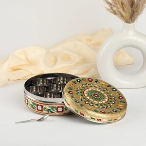 Tradicional Meenakari Aço Inoxidável Spice Box Masala Dabba 7 Copos com Colher Multicolor Storage Container Cozinha E Gifting - Product Image 4