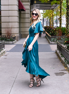 Modest and Luxury Satin Dresses for Women V-Neck Short Sleeve Ruffle Designer Beach <b>Wrap</b> Dress - Product Image 4