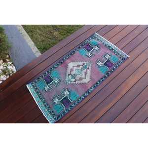 Tapis turc vintage, tapis de 1,6 x 3,3 pieds, tapis en laine violet bleu style sud-ouest - Product Image 2