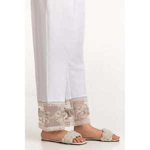 Pantalon cargo blanc brodé en soie brute pour femme, respirant, taille mi-haute avec fermeture élastique TR-24-28 - Product Image 1