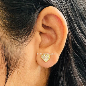 14K Solid <b>Gold</b> Baguette Natural Diamond Solid <b>Gold</b> <b>Heart</b> Stud Piercing Fine Jewelry. - Product Image 2