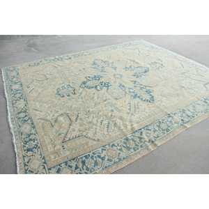 Alfombra Turca Extra Grande de 8.9x10.9 pies, Alfombra de Lana a Rayas Vintage Azul y Blanca - Product Image 3