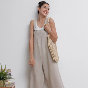 Mono recortado de lino, monos de lino informales, monos de lino de pierna ancha, mono elegante para mujer, mono, moda de verano - Product Image 1