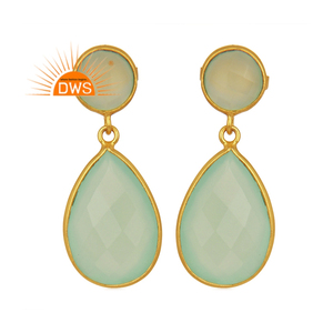 Nouvel arrivage de boucles d'oreilles en argent sterling 18k plaqué or naturel calcédoine d'eau, pierre précieuse, fabricant de bijoux demi-fins - Product Image 1