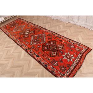 3.2x11 ft <b>Runner</b> Vintage Turkish Rug, <b>Red</b> Striped Wool Rug - Product Image 3