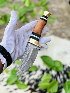 Couteau de chasse Skinner en acier Damas forgé à la main avec manche en bois d'olivier et garde en laiton - Product Image 3