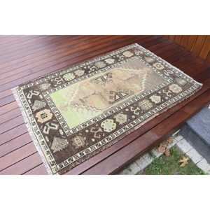 Vintage Rug, 3.1x4.7 ft Turkish Rug, <b>Brown</b> Green Bordered <b>Wool</b> Rug - Product Image 2