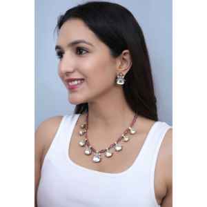 Delicate <b>Pink</b> Stone Kundan Polki <b>Necklace</b> Fashion Jewelry Set - Product Image 3