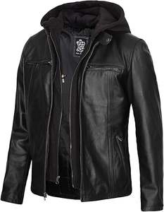 Blouson en cuir à capuche pour hommes Blousons en cuir pour hommes avec capuche amovible - Product Image 1
