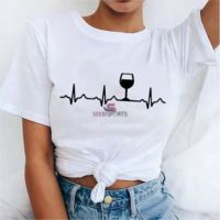 Nouveau modèle de battement de coeur en verre de vin t-shirt femme décontracté drôle impression t-shirt à manches courtes