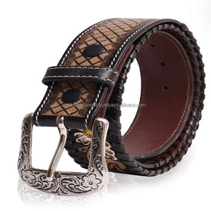 High Quality Cowhide Hand Tooled Full Grain Leather <b>Men's</b> Basketweave Western Tooling Belt with Adjustable Metal Floral Buckle - Product Image 3