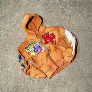 Haute qualité personnalisé hommes sweat à capuche zippé coton éponge française Applique brodé Patch lavage à l'acide en détresse sweat zippé - Product Image 4