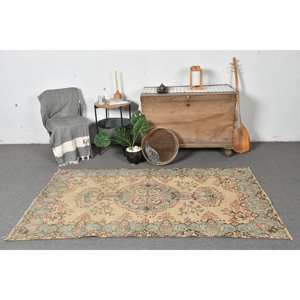 Alfombra turca Vintage clásica Beige azul 3,7X6,7 pies hecha a mano de lana Patchwork Rectangular diseño de pasillo para sala de estar dormitorio látex - Product Image 1