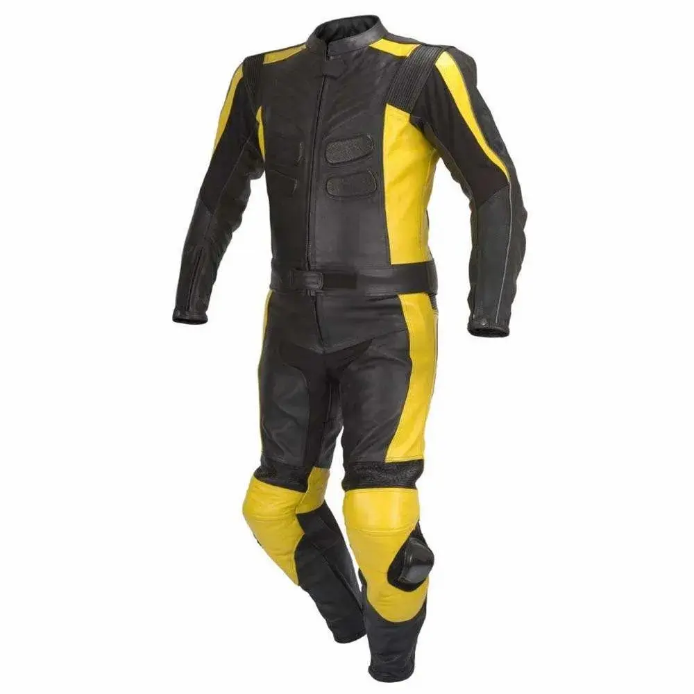 Motocicleta Moto Couro Corrida Motociclista Terno 2 Pcs CE Preto/Amarelo Alta Qualidade Vaca Full Grain Couro Ternos