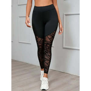 Leggings de Mujer con Cintura Alta, Diseño Geométrico y Detalle de Malla, 30291 - Negro - Product Image 5