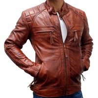 Veste en cuir véritable décontractée pour homme, style mode, avec col montant zippé, respirante et lavée, grandes tailles, pour l'hiver - Vente en gros