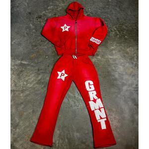 Ensemble pantalon de survêtement et sweat à capuche vintage évasé lavé à l'acide avec patch de broderie personnalisé survêtements écologiques pour hommes - Product Image 3