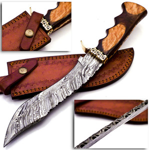 Offre Spéciale couteau de chasse personnalisé fait à la main lame en acier damas traversin en laiton manche en bois brûlé avec cuir OEM personnalisé - Product Image 2