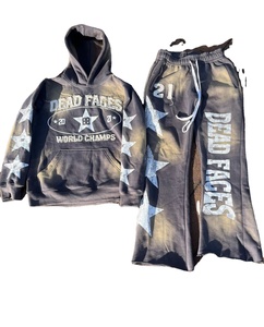 Survêtement personnalisé en coton épais patchwork pour hommes, délavé à l'acide, pantalon de survêtement brodé avec appliques, sweat à capuche court, grande taille - Product Image 1