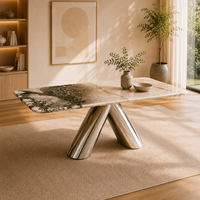 Table à manger rectangulaire moderne en marbre avec base en métal poli en forme de V