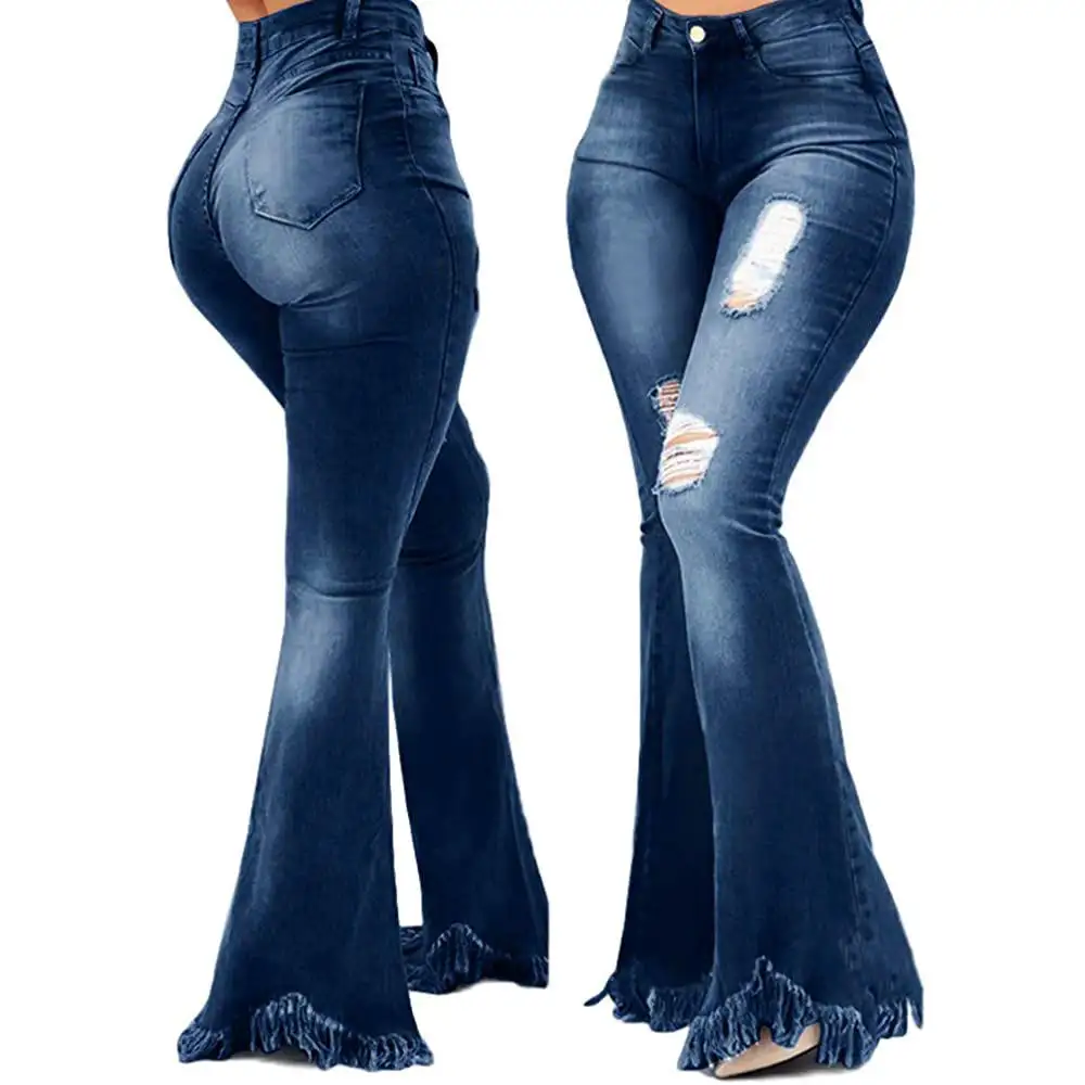 Fashion Slim Wide Leg Denim Pants Washed Perforated Denim Flare Pants Women High Waist Bell Bottoms Jeans